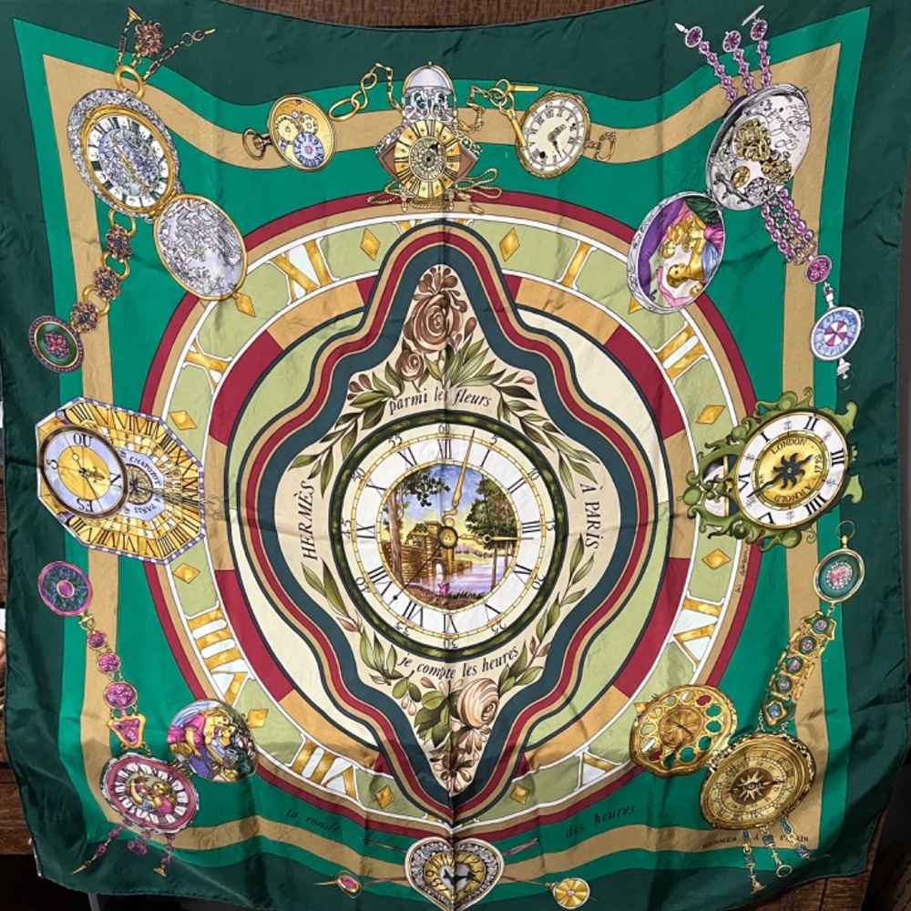 Hermes, Green & Gold, La Ronde Des Heures Silk Scarf, vintage